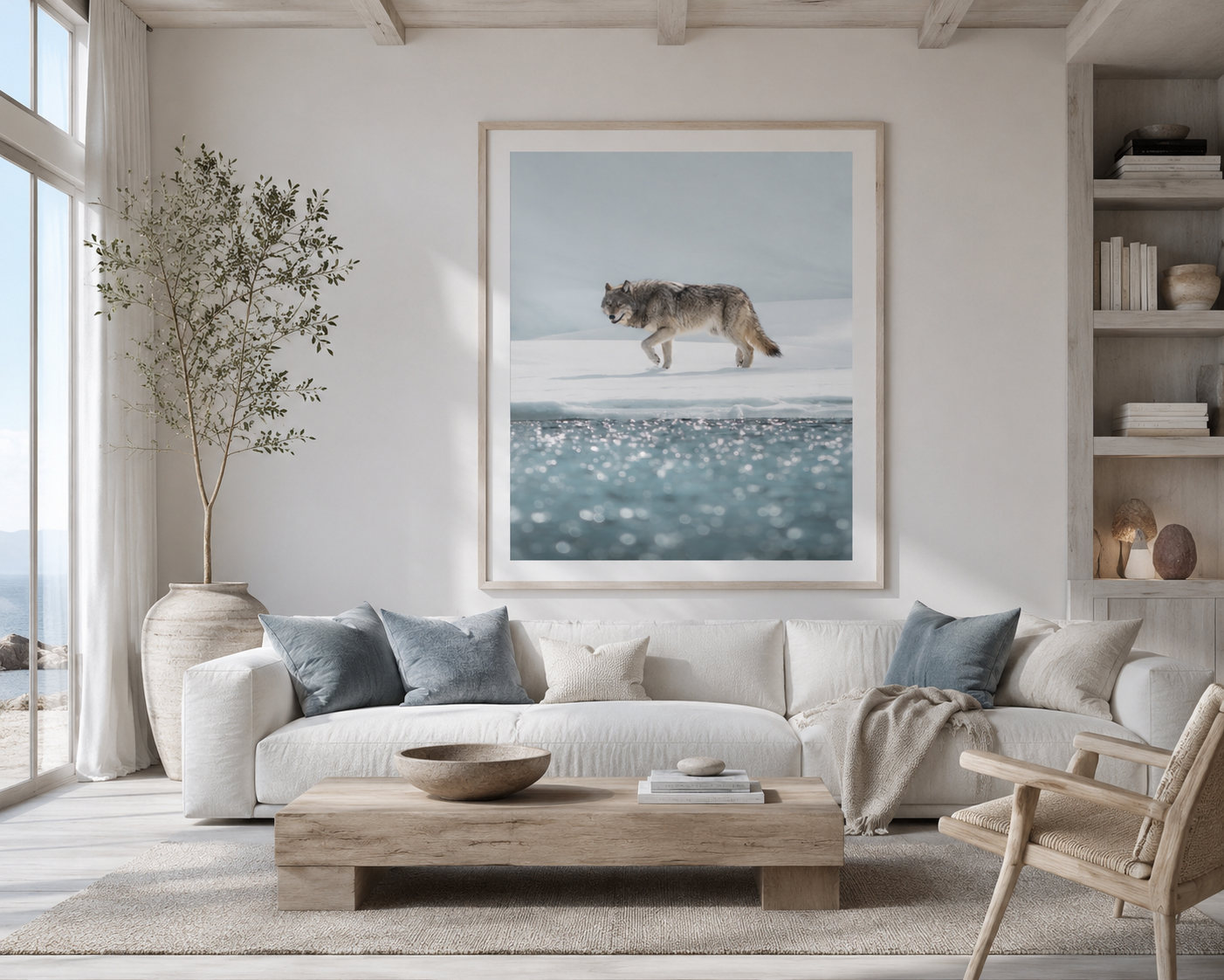 A framed photograph of a wolf walking along a snowy shoreline above sunlit water