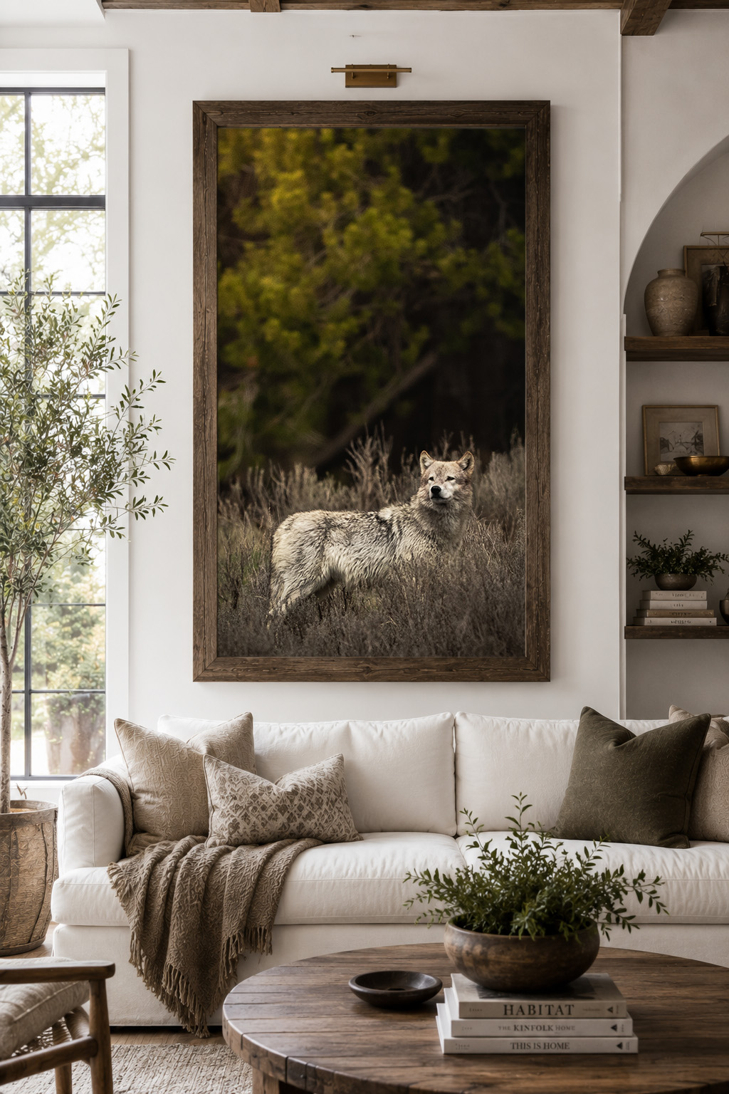 Framed vertical print of a pale wolf standing in golden brush, hung above a cream sofa in a light-filled living room.