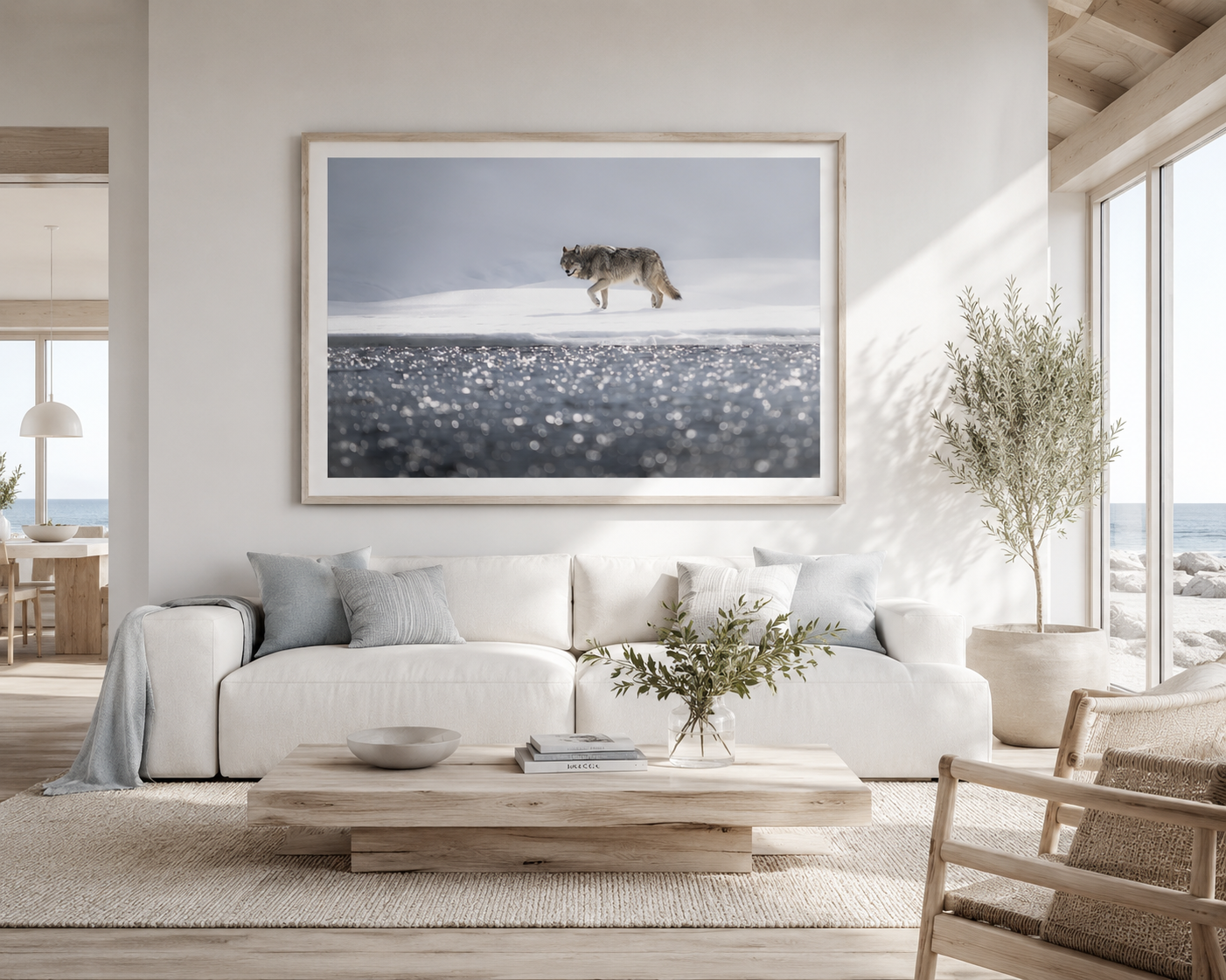 Framed print of a wolf walking a snowbank above sunlit rippling water, hung above a linen sofa in a bright, airy room